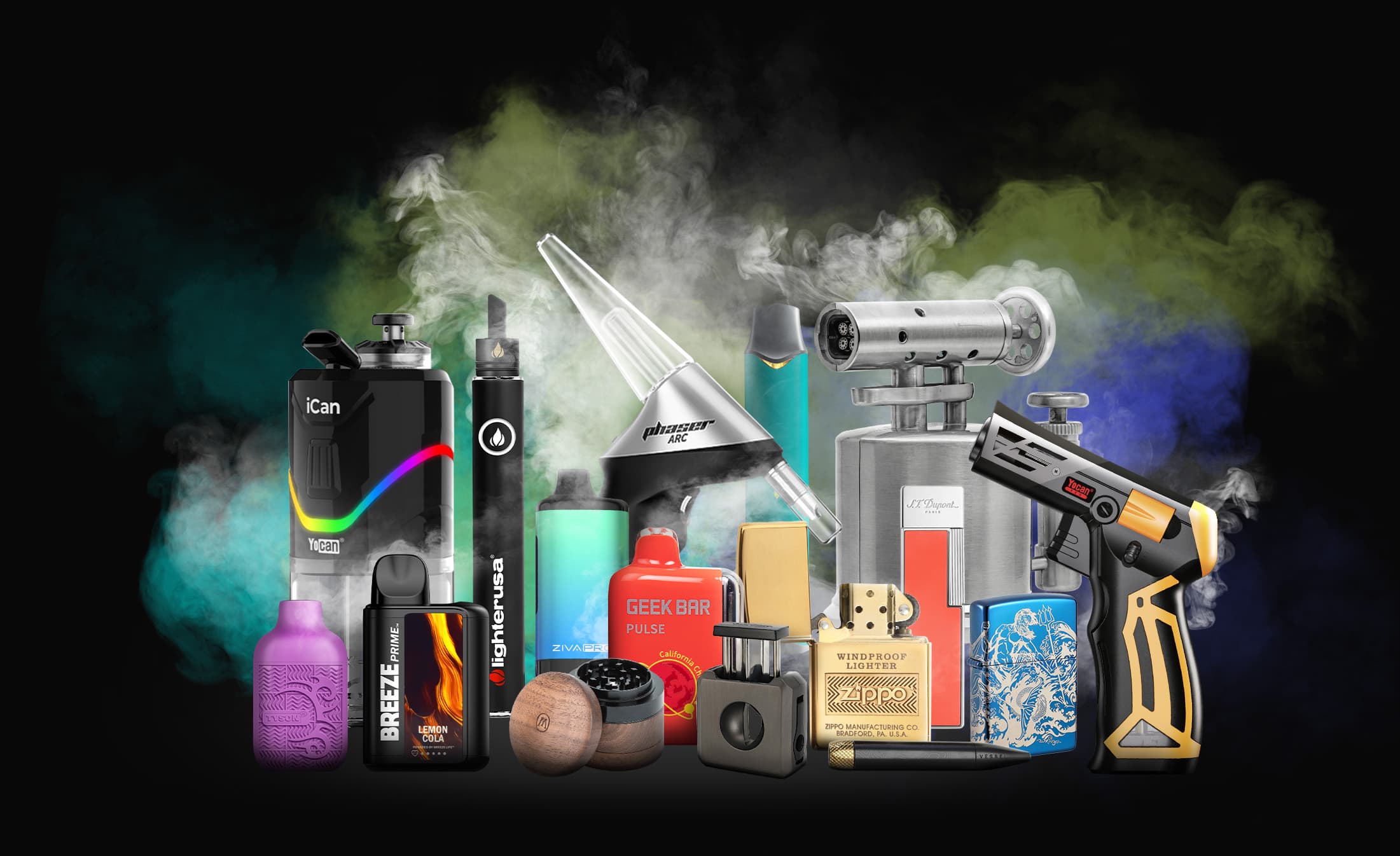 A collection of products sold by Lighter USA: lighters, torches, vaporizers, Zippos, and accessories